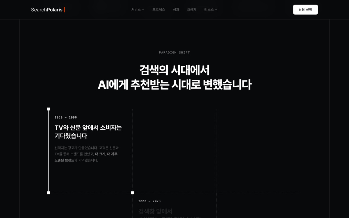 서치폴라리스 홈페이지의 검색에서 AI 추천으로 바뀐 흐름 섹션 (searchpolaris.com, 2026-08-22 캡처)