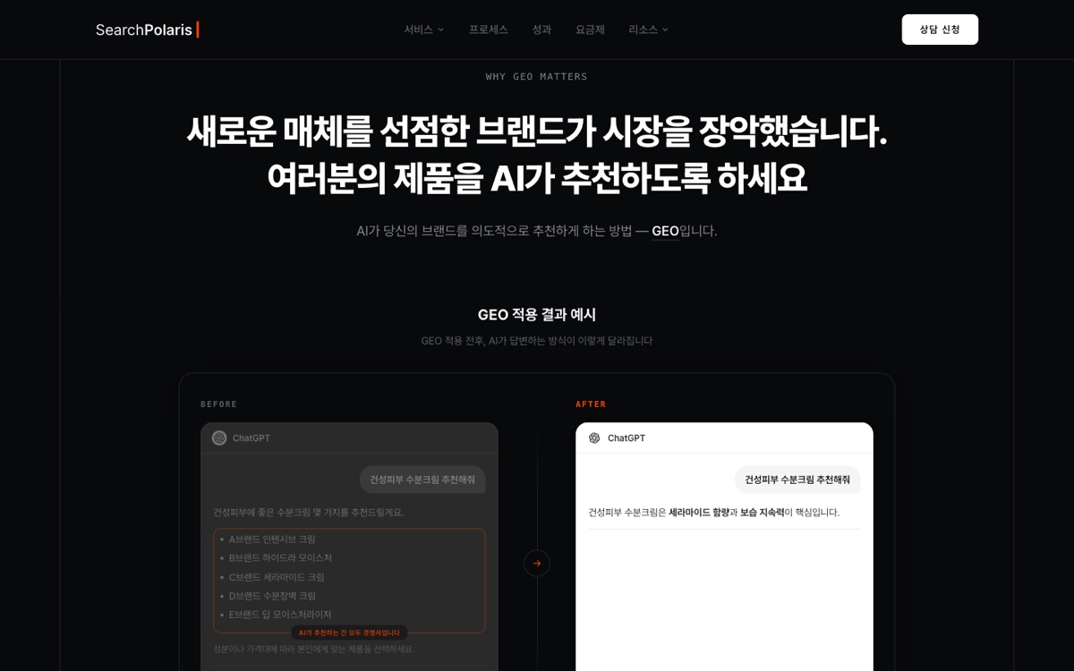 서치폴라리스 홈페이지의 GEO 적용 전후 ChatGPT 답변 비교 섹션 (searchpolaris.com, 2026-08-22 캡처)